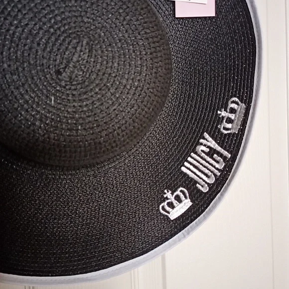 New Juicy Couture Black Wide Brim Straw Beach Sun Hat w/White Trim-Juicy Couture - Picture 3 of 4
